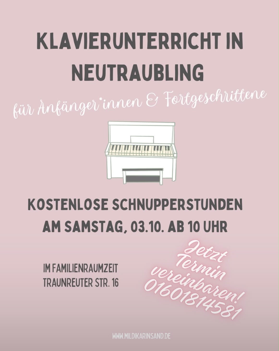 Grafik zum Klavierunterricht in Neutraubling mit kostenlosen Schnupperstunden am Samstag, 3. Oktober, ab 10 Uhr